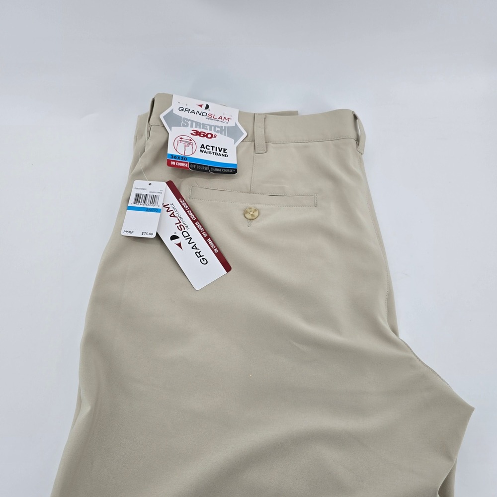 Grand Slam Performance Golf Pants Mens Stretch Active Waistband Tan 36x30 NWT